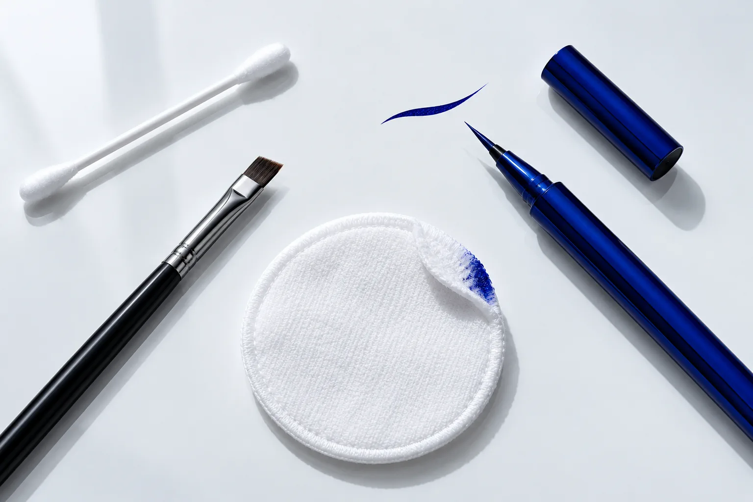 Czysty patyczek, płaski pędzelek, płatek i kobaltowy eyeliner przygotowane do punktowej korekty